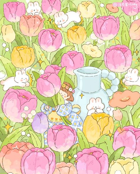 Cuties Wallpaper, Sketchbook Themes, Spring Illustrations, Kawaii Spring, Stone Paint, Story Books Illustrations, Spring Illustration, Sanrio Wallpaper, Mom Cards