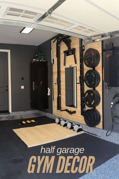 "Modern half garage gym done right! 🏋️‍♂️ Wood accent wall meets smart plate storage and clean black floors. Small space, maximum gains! Perfect setup for crushing those home workouts. #HomeGym #GarageGains 💪"Half Garage Gym  Modern Home Gym Garage Gym Design Wood Wall Gym Plate Storage Ideas Small Gym Layout Minimalist Garage Gym Home Gym Organization Black Floor Gym Home Workout Space Garage Gym Platform Pull Up Station Setup Weight Plate Storage Garage Gym Flooring Home Gym Inspiration Carport Gym Ideas, Small Gym Layout, Small Garage Gym Ideas Layout, Plate Storage Ideas, Minimalist Garage, Half Garage Gym, Home Gyms Ideas Garage, Garage Gym Design, Weight Plate Storage