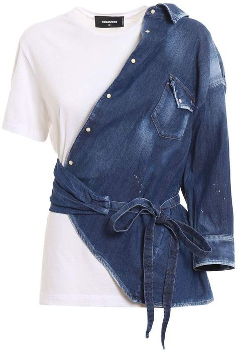 Dsquared2 Deconstructed Denim Shirt Deconstructed Denim, Deconstruction Fashion, Denim Inspiration, Womens Denim Shirt, Denim Ideas, Market Price, Upcycled Fashion, Jeans Diy, Recycled Denim