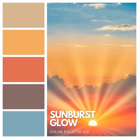 Bask in the radiant hues of our 'Sunburst Glow' palette ☀️✨ Immerse yourself in the warm oranges, vibrant yellows, and calming blues, inspired by the breathtaking sunset with bursts of sunlight and billowing clouds. 🌤️ Save this palette to bring a touch of sunset magic into your creations! 🎨 #SunburstGlow #ColorPalette #SunsetInspiration #RadiantColors 🌈 Sunny Day Color Palette, Color Palette Sunrise, Sunrise Color Palette Mornings, Blue And Yellow Colour Palette, Sunshine Palette, Sunshine Color Palette, Sunset Pallet, Orange And Blue Color Palette, Sunrise Color Palette