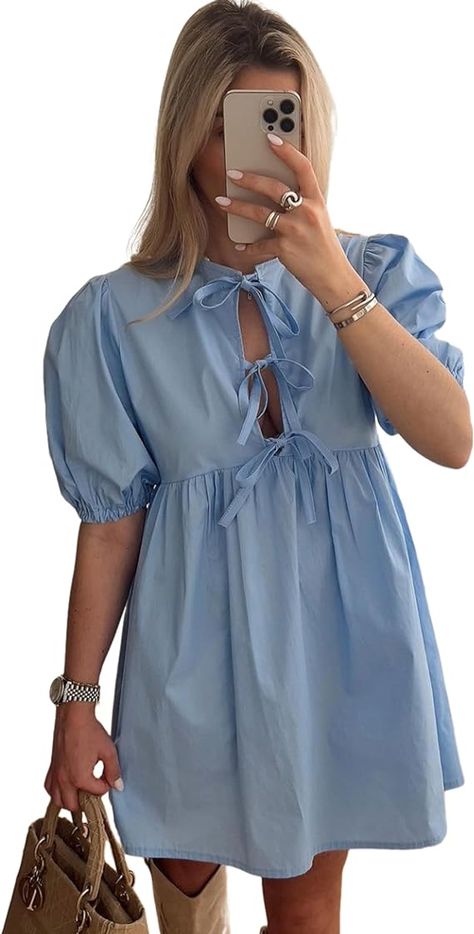 Women's Short Puff Sleeve Mini Dress Bow Tie Front Y2K Babydoll Peplum Dress Casual Beach Dress, Leopard Print Bow, Short Puff Sleeve, Photo Insta, Mini Robes, Sleeves Clothing, Summer 24, Hem Skirt, Vestido Casual