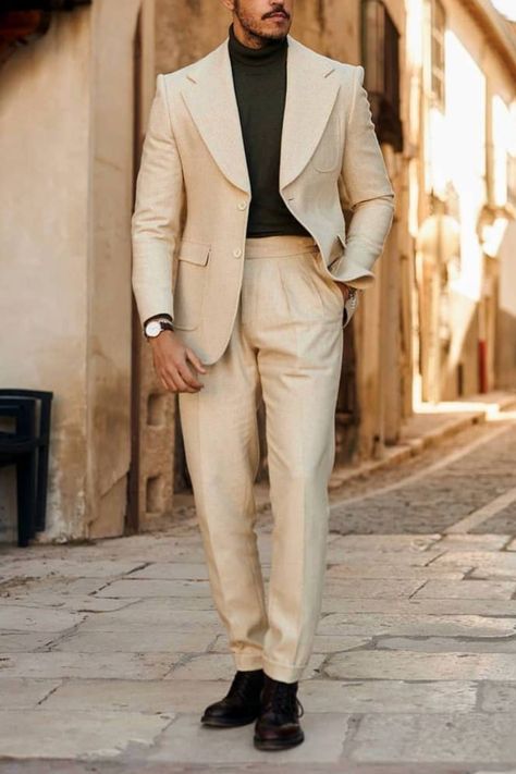 cream suit black shirt Mens Turtleneck Suit, Suit With Turtleneck Men, Cream Blazer Outfit Men, Cream Suit Men, Cream Blazer Outfit, Shirt Jacket Outfit, Turtleneck Suit, Badass Beard, Men's Business Casual Style