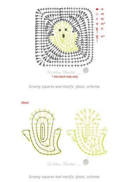 Drawn Crochet Pattern, Original Granny Square Pattern, Goat Granny Square, Ghost Granny Square Crochet, Crochet Square Chart, Snail Granny Square, Fun Granny Square Crochet Pattern, Halloween Crochet Squares, Cute Crochet Granny Squares