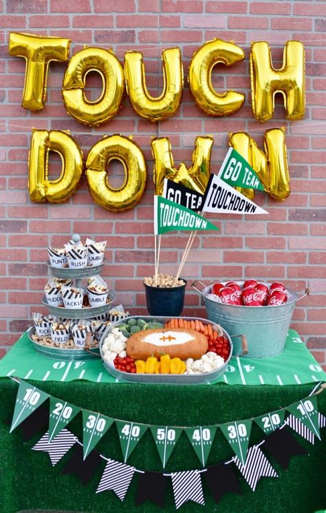 This football themed party that will score with party guests!  Get lots of ideas for football party food, decorations, and even a football-shaped veggie and dip appetizer. #KickoffWithGreatTaste #ad Football Themed Party, Football First Birthday, Football Banquet, Football Party Foods, Football Party Decorations, Football Baby Shower, Sports Theme Birthday, Food Decorations, Football Theme Party