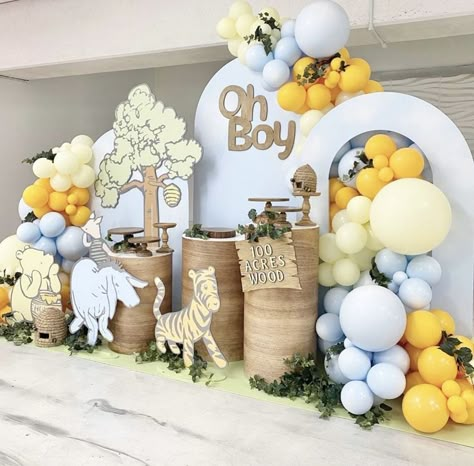 boy baby shower theme ideas Winnie The Pooh Arch Backdrop, Unique Boy Baby Shower Ideas Themes, Pooh Birthday Theme, Baby Shower Themes For Boys, Creative Baby Shower Themes, Unique Baby Shower Themes, Winnie The Pooh Themes, Idee Babyshower, Winnie The Pooh Baby Shower