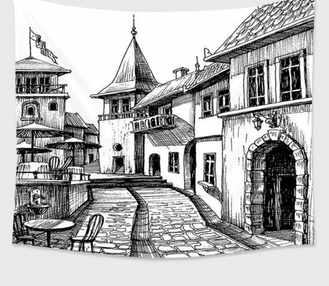 Architecture Drawing Art Buildings, Drawing Restaurant, Restaurant Terrace, Art Buildings, Cityscape Drawing, Landscape Pencil Drawings, City Drawing, Architecture Drawing Art, Town Street