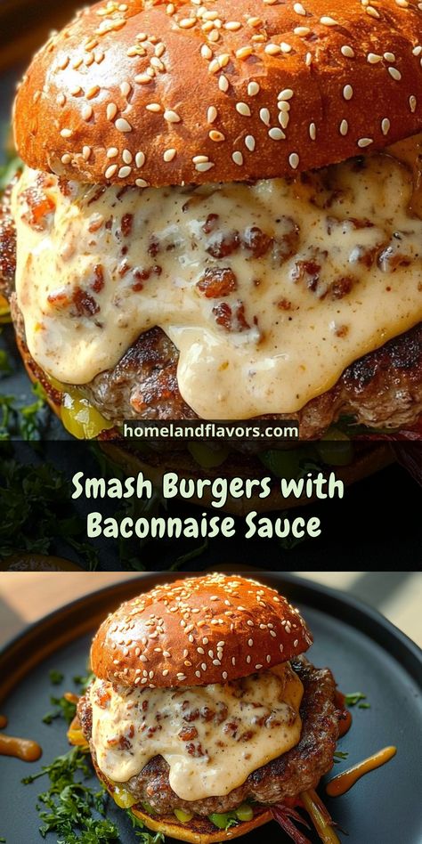 Fire up the grill for these crispy, flavorful Smash Burgers! Topped with crispy bacon, pepper jack cheese, and a creamy Baconnaise sauce, this is the ultimate burger recipe for cookouts, BBQs, or weeknight cravings. Crumbly Burger Recipe, Sweet Chili Burger, Open Face Hamburger Burger Recipes, Smash Onion Burger, Bacon Smash Burger, Fun Hamburger Recipes, Crazy Burger Recipes, Best Grilled Burger Recipe, Smash Burgers Recipe