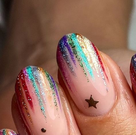 Chloe Birks - Nail Art by Chlo on Instagram: "When clients love a set so bad they repeat for Christmas the year after 😅🌈✨ glitzy set inspo from the iconic @leannehaycock_ original nails using every glitter I own from @glossifyofficial @homeofnailart @the_gelbottle_inc prep @officialnavyprofessional & @willowacademy_lj #glitternails #christmasnails #christmasnailinspo #christmasnailart #glitternailinspo #decembernails #starnails #nyenails #newyearsnails #nailart #nailit #nailitdaily #nailsnailsnails #nailaddict #loveglossify #homeofnailart #hona #thegelbottleinc" Star Nails Sparkle, Abba Inspired Nails, Christmas And New Years Nail Ideas, Disco Nails 70s, Abba Nails, New Year’s Nails, Color Glitter Nails, Taylor Swift Nails Ideas, Disco Nails Designs