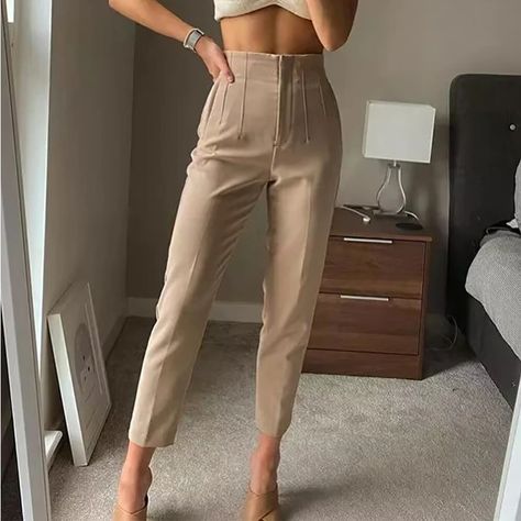 Pants For Women Formal, White Pants Women, Fashion Office, Lifestyle Ideas, Formal Pants, Korean Casual, High Waist Pants, Women Formals, Puff Sleeve Dresses