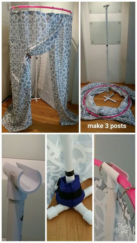 DIY free-standing changing tent for dance using Hula hoop, PVC pipe, fittings and shower curtain. . 2 shower curtains . 3 5-way 3/4" PVC cross fitting by FORMUFIT (I got them from Amazon) . Some 3/4" PVC pipes (depends on how tall you want it to be) . 3 Dura Plastics snap tee, 3/4 to 3/4 (I got mine at OSH) .12 3/4" end caps. For easy storage and carry around, I chopped the PVC in half and used coupling to connect them back when in use. Camping Toilet Tent, Portable Dressing Room, Toilet Tent, 1000 Lifehacks, Zelt Camping, Camping Diy, Pvc Pipe Projects, Camping Toilet, Camping Storage