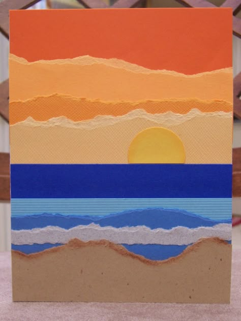 BEACH SUNSET Torn Paper Art Blank Card. $2.75, via Etsy. Torn Paper Art, Beach Cards, 카드 디자인, Summer Cards, Art Camp, Safari Party, Torn Paper, Camping Art, Art Card