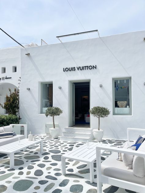 louis vuitton store building greece mykonos cute Mediterranean Cafe Design, Greece Interior Design, Mykonos Greece Aesthetic, Mykonos Aesthetic, Luxury Retail Store, Santorini House, Greece Mykonos, Louis Vuitton Store, Salon Interior Design