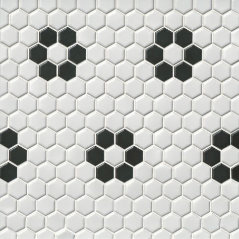 Hex Matte White with Black Flower Porcelain Mosaic Wall and Floor Tile - The Tile Shop Earth Ceramics, White Porcelain Tile, Flower Mosaic, Tiles For Wall, Fired Earth, Mosaic Flowers, Hexagonal Mosaic, The Tile Shop, Shower Surround