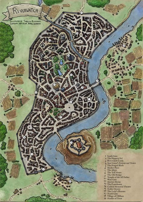 Another hand drawn DnD City Map from me. Still practicing colouring in PS so all feedback welcome! Dnd City, Pathfinder Maps, Fantasy City Map, Fantasy Map Making, Village Map, Dnd World Map, Fantasy Town, Fantasy World Map, Hand Drawn Map