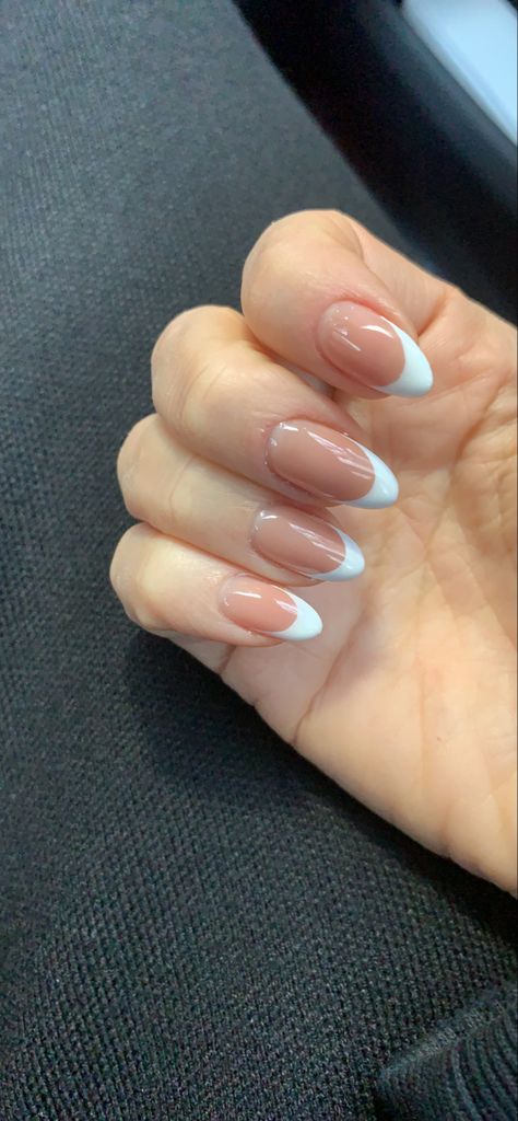 White Curved French Tip Nails, Nude Base French Tip, Curved French Tip Nails, Deep French Tip Nails, Nude French Tip, 23 Birthday, Aesthetic Nails, French Tip Acrylic Nails, White Nail Designs