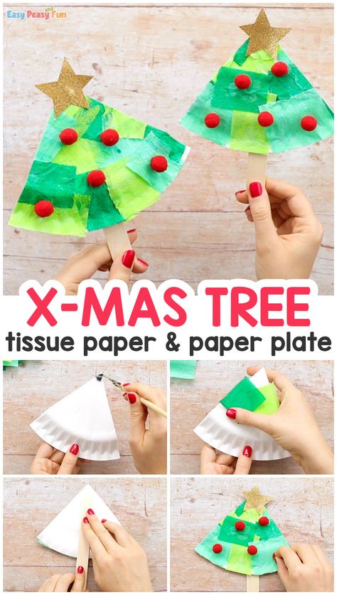 Tissue Paper Christmas Tree Paper Plate Craft - Easy Peasy and Fun Christmas Tree Paper, Christmas Tree Craft, Paper Plate Craft, Christmas Art Projects, December Crafts, Christmas Crafts For Toddlers, Preschool Christmas Crafts, Christmas Kindergarten, Christmas Arts And Crafts