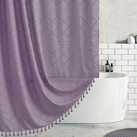 Amazon.com: Siiluminisoy Extra Long Purple Boho Shower Curtain Woven Fabric Cute 84 Inch Shower Curtain, 72 x 84 Tufted Chevron Textured Striped Modern Farmhouse Minimalist Cloth Shower Curtain for Bathroom : Home & Kitchen Light Purple Bathroom Ideas, Gray And Purple Bathroom, Lavender Bathroom Decor, Lavender Bathroom, Purple Shower, Purple Bathroom, Purple Shower Curtain, Cute Shower Curtains, Farmhouse Shower Curtain