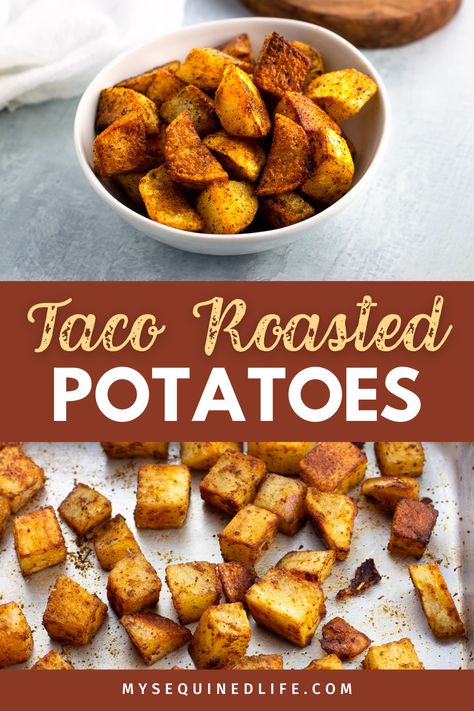 A bowl of roasted potato wedges above an image of the taco potatoes roasting on a sheet pan. Healthy Side Dishes For Chicken, Roasted Potatoes Russet, Meal Ideas For A Crowd, Taco Potatoes, Potatoes Russet, Oven Tacos, Holiday Meal Ideas, Cooking Kids, Roasted Baby Potatoes