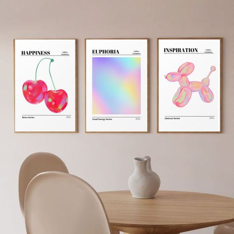 Trendy Retro Wall Art Set of 3, Holographic Wall Art, Trendy Europhia Print, Colorful Gradient Poster, Digital Download, Cute Room Decor Gradient Poster, Stationary Store, Cute Room, Colorful Gradient, Wall Art Trendy, Art Supply Stores, Wall Art Set Of 3, Art Set Of 3, Cute Room Decor