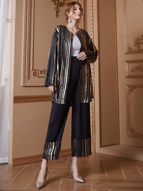 Gold Striped Drop Shoulder Open Front Belted Coat & Wide Leg Pants | SHEIN USA Designer Party Wear Dresses, Co Ords, Belted Coat, Loose Outfit, Gold Stripes, Party Wear Dresses, Two Piece Outfit, Wide Leg Trousers, Front Open