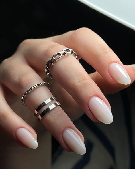 Milky French Manicure Nails, Milky Ombré Nails, Short Oval Milky Nails, Soft Milky White Nails, Milky Round Nails, Almond Shaped Milky White Nails, Milky Biab Nails, Milky French Manicure Square, Ombre Milky White Nails