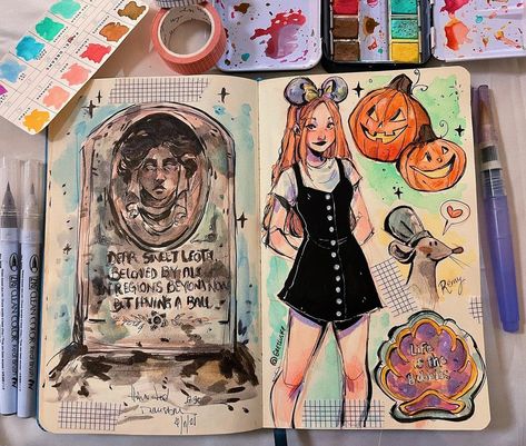 Gretel Lusky on Instagram: “Some more Disney-inspired doodles I did during my trip 💕 I loved spending Halloween in the US for the first time, all the pumpkin decor did…” Aesthetic Drawing Watercolor, Markers Drawing Ideas, Art Journal Therapy, Pumpkin Decor, Marker Drawing, Sketchbook Inspiration, My Trip, Marker Art, Sketchbook Art Inspiration