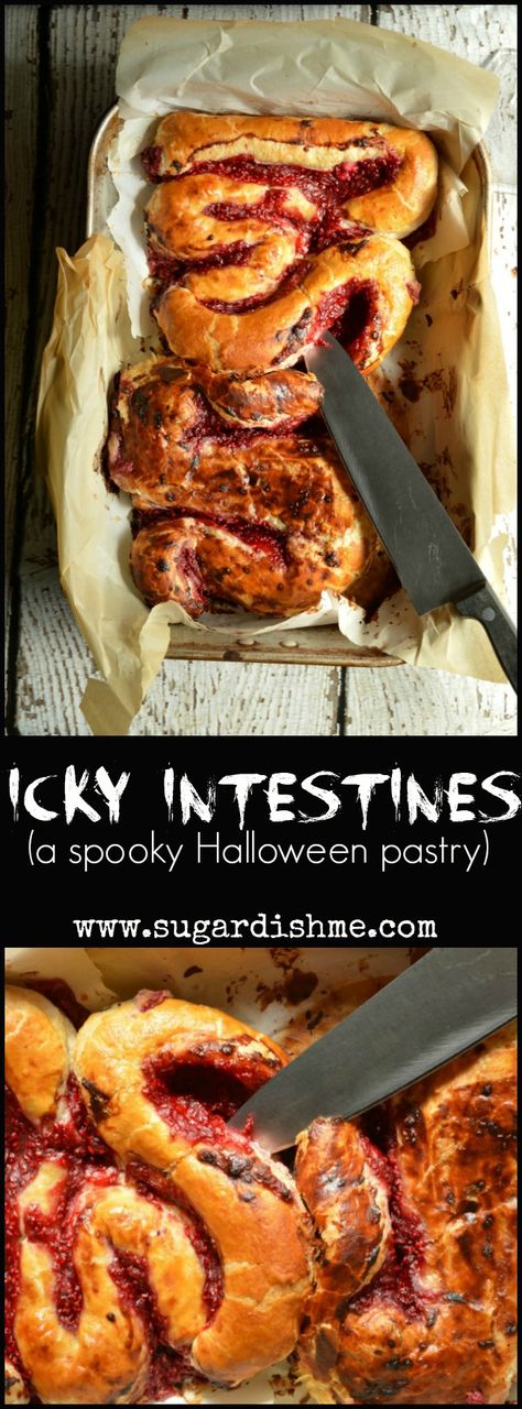 Icky Intestines Bread - Sugar Dish Me An easy raspberry and cream cheese pastry that looks so spooky for Halloween! Spooky Foods, Pelottava Halloween, Creepy Food, Easy Halloween Snacks, Recetas Halloween, Diy Halloween Treats, Halloween Food Appetizers, Cheese Pastry, Spooky Food