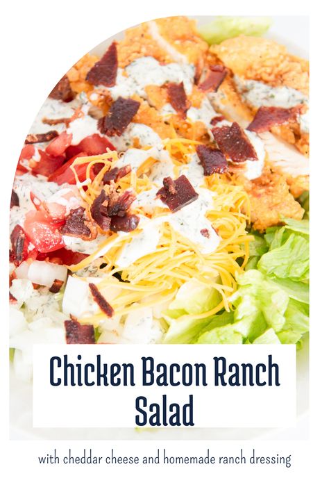 This easy chicken bacon ranch salad recipe is beyond simple to make, featuring crisp lettuce, juicy chicken, crispy bacon, and creamy ranch dressing, this recipe is sure to hit with the entire family! Plus works great as a quick lunch or an easy weeknight dinner! Chicken Bacon Ranch Salad Recipe, Chicken Bacon Ranch Salad, Ranch Salad Recipes, Bacon Ranch Salad, Chicken Bacon Salad, Protein Lunches, Romain Lettuce, Ranch Dressing Recipe Homemade, Cottage Cheese Salad