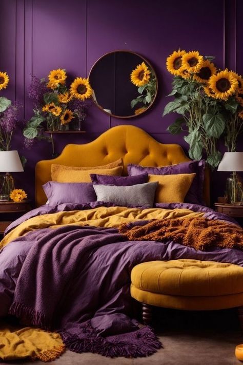 Purple Yellow Interior Design, Grey Purple Bedroom, Purple And Green Bedroom, Bedroom Interior Colour, Lavender Bedroom, Orange Splash, Canopy Bedroom, Purple Bedroom, Interior Colors