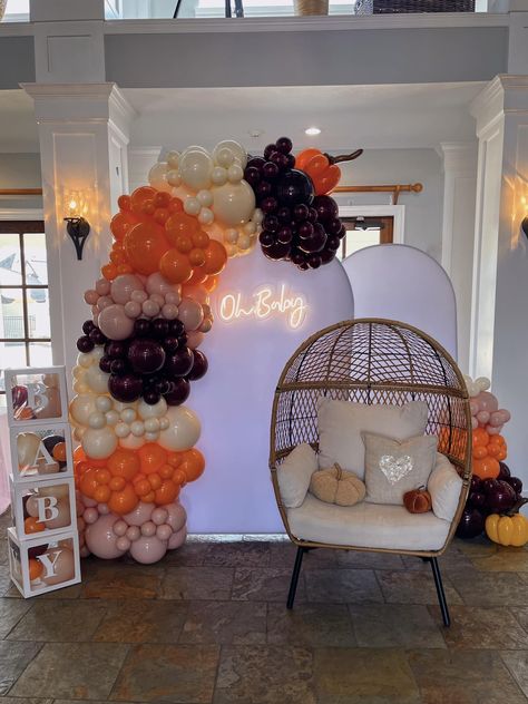 My Lil' Pumpkin Baby Shower Arch Backdrop, Balloon Garland, Oh Baby Neon Sign, Wicker Egg Chair by Capri & Eros Occasions Houston Baby Shower Arch Backdrop, Backdrop Balloon Garland, Baby Shower Arch, Shower Arch, Lil Pumpkin Baby Shower, Wicker Egg Chair, Backdrop Balloon, Balloon Frame, Arch Backdrop