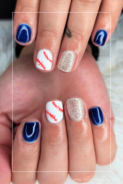 baseball mom nails Baseball 4th Of July Nails, Baseball Inspired Nails, 4th Of July Baseball Nails, Baseball Fingernails, Baseball Nail Art Designs, Simple Baseball Nails, Baseball Mom Stuff, Cubs Nails Designs, Softball Nail Designs Mom