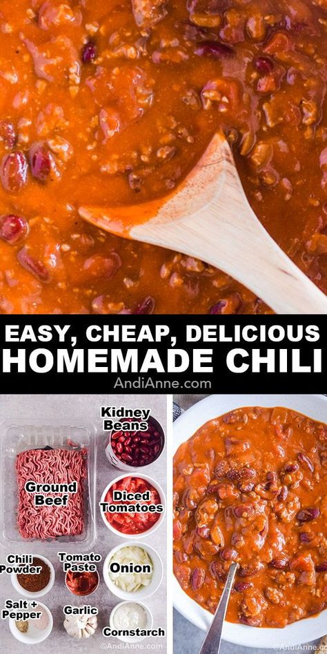 This homemade chili recipe is quick, easy, and cheap to make. Perfect for chilly days when you're craving a comforting bowl of soup or stew. Ground beef, onions and kidney beans are mixed with diced tomatoes, tomato puree, and chili powder. It's an easy family favorite!