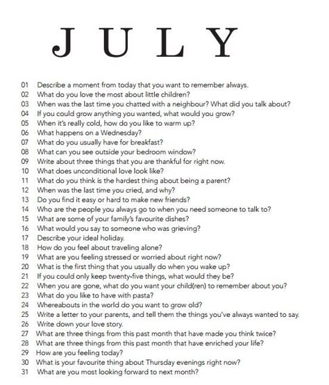 July writing prompts July Journal Prompts, Journal Starters, Life Goals Examples, Monthly Prompts, July Journal, Self Discovery Journal Prompts, Monthly Journal, Journal Topics, Journal Questions