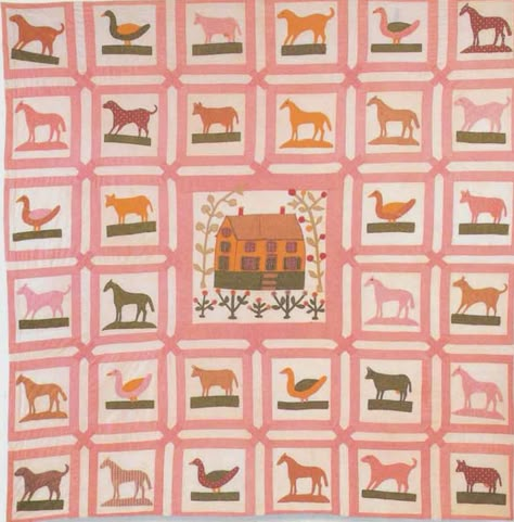 Pictorial Animal Quilt, 1865-1875. New York. Very unique...I've never seen anything like this. Unique Quilt Blocks, Quilt Illustration, Folk Quilt, Folk Art Quilt, Vintage Quilts Antiques, Pink Quilt, Primitive Quilts, Sampler Quilts, Animal Quilts