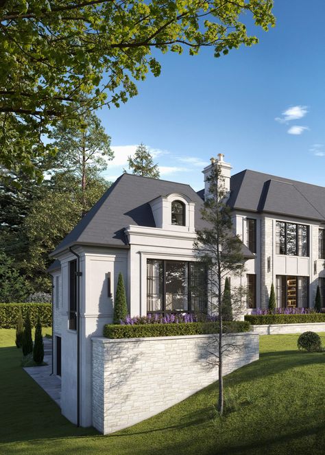 Art Nouveau Exterior Architecture, Modern French House Plans, Modern French Mansion, Modern French Country Exterior, Dream Neighborhood, Estate Exterior, French House Plans, Modern Brick House, Limestone House