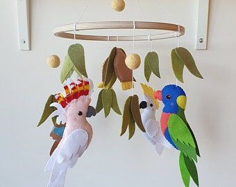 Mobile Birds, Boy Animal Nursery, Bird Nursery Decor, Australian Animal Nursery, Australian Nursery, Baby Mobile Felt, Bird Nursery, Australian Wildflowers, Felt Animal Patterns