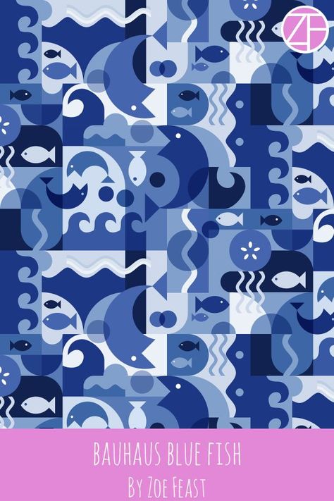 Bauhaus Blue Fish Pattern by Zoe Feast aka Creativeinch Fish Graphic, Animal Icon, Fish Pattern, Blue Fish, Fish Patterns, Iphone Background Wallpaper, Fish Design, Tropical Vibes, Ocean Inspiration