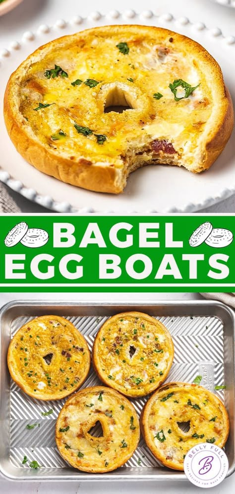 Eggs And Bagels Breakfast Recipes, Egg Filled Bagel, Bagels With Eggs, Bagel With Egg In Middle, Bagel Boats Breakfast, Breakfast Bagels Ideas, Breakfast Bagel Recipes, Bagel Egg Bake, Bagel And Egg Breakfast