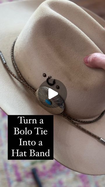 totally tikaa on Instagram: "Turn a Bolo Tie into a hat band. #hat #hatband #cowboyhat #texas #texasstyle #diy #diyhat #hack" How To Wear A Bolo Tie Woman, Western Hat Bands Diy, Diy Cowboy Hat Bands, Cowboy Hat Bands Diy Ideas, Beaded Cowboy Hat Bands, Diy Bolo Ties, Cowboy Hat Bands Diy, Diy Hat Band, Hat Bands Diy