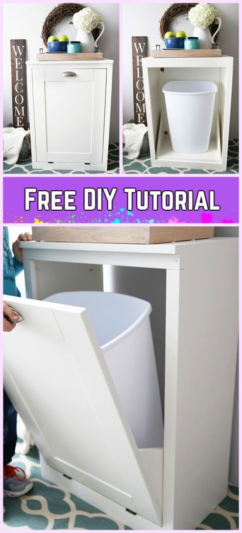 DIY Tilt Out Trash Can Cabinet Tutorials Tip Out Trash Can, Pullout Trashcan Cabinet, Diy Trash Can Storage Kitchen, Bathroom Trash Can Ideas Diy, Diy Bathroom Trash Can, Indoor Garbage Can Storage, Diy Tilt Out Trash Cabinet, Double Tilt Out Trash Can Diy Plans, Hidden Trash Can Bathroom