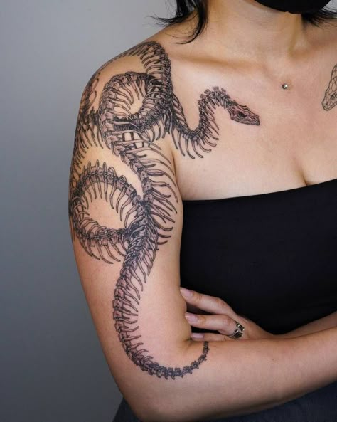 Skeleton Tattoo On Hand, Snake Skeleton Tattoo, Rattlesnake Tattoo, Snake Symbol, Snake Skeleton, Symmetrical Tattoo, Large Snake, Tattoo Snake, Skull Hand Tattoo