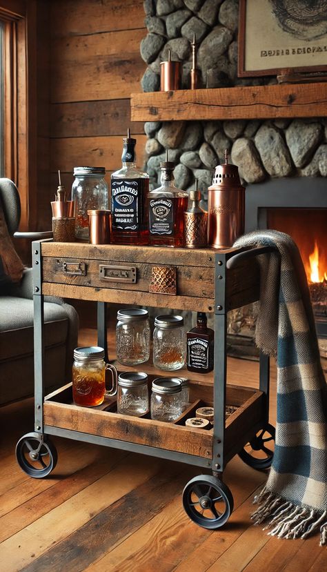 17+ Bar Cart Decor Ideas to Elevate Your Space 🥂✨ Bar Cart Man Cave, Drink Trolley Ideas, Gin Trolley, Fall Bar Cart, Bar Cart Decor Ideas, Small Bar Cart, Rustic Bar Cart, Wooden Bar Cart, Industrial Bar Cart