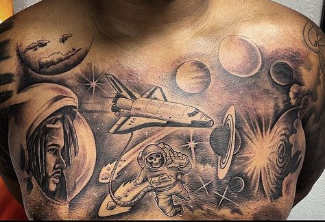 Space Chest Tattoo Men, Space Chest Tattoo, Sleeve Filler Ideas Men Arm Tattoo, Chest Tattoo Stencil Men, Chest Tattoo Men Ideas, Arm Tattoos Lettering, Chest Tattoo Stencils, Arm Tattoos Black, Dark Skin Tattoo