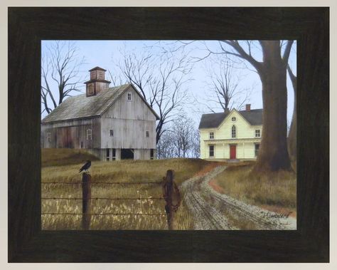 Cottage Art Vintage, Billy Jacobs Art, Watercolor Barns, Billy Jacobs, Fall Frames, Primitive Design, Mirror Framed, Cottage Art, Primitive Folk Art