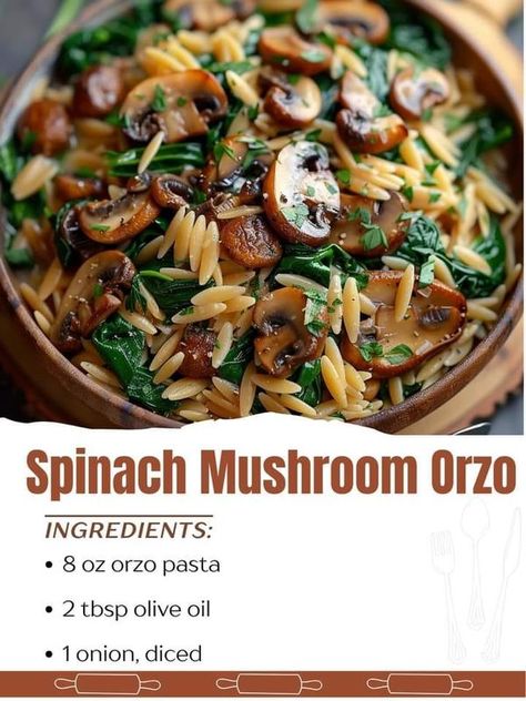 WORLDS BEST TASTY RECIPES | Spinach Mushroom Orzo | Facebook Spinach Mushroom Orzo Recipes, Spinach Mushroom Orzo, Mushroom Orzo, Orzo Pasta Recipes, Pasta Salad With Spinach, Recipes Spinach, Mushroom Recipes Pasta, Spinach Mushroom, Mushroom Salad