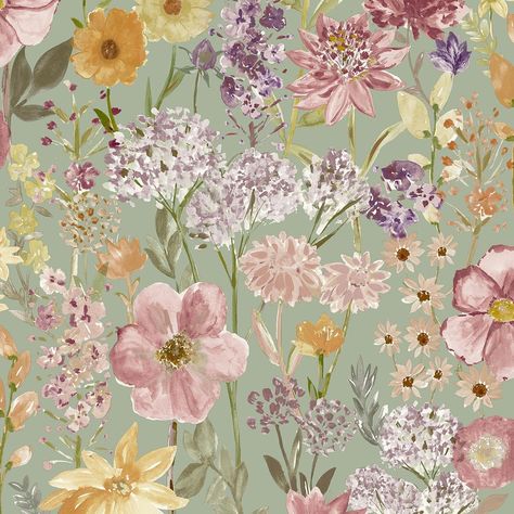 Grandeco Wallpaper, Wallpaper Lounge, Multicoloured Wallpaper, Spring Wild Flowers, Wildflowers Wallpaper, Cath Kidston Wallpaper, Sage Green Background, Wallpaper Australia, Dark Green Wallpaper