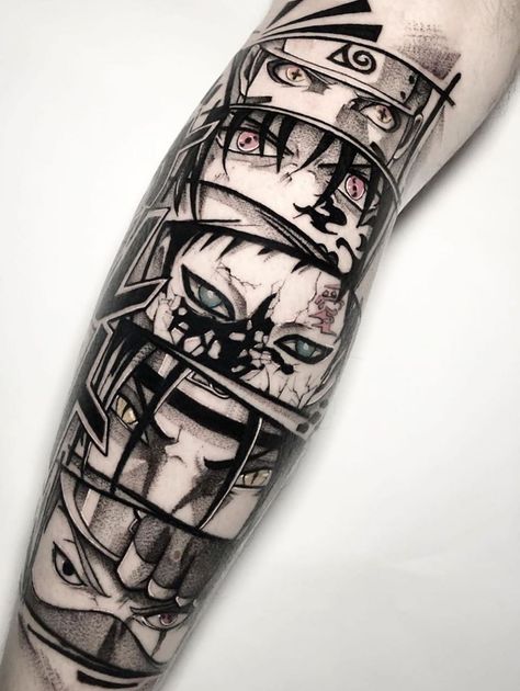 Naruto Sleeve Tattoo Ideas, Naruto Leg Tattoo, Naruto Eyes Tattoo, Naruto Shippuden Tattoo Ideas, Anime Leg Sleeve Tattoo, Anime Sleeve Tattoo, Gaara Tattoo, Manga Tattoo, Naruto Tattoo