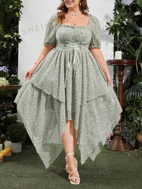 SHEIN MOD Plus Size Square Neckline Romantic Asymmetrical Hem Vacation Dress | SHEIN USA Plus Size Cottagecore Fashion, Plus Size Cottagecore, Alzheimer's Prevention, Plus Size Fall Outfit, Plus Size Kleidung, Vacation Dresses, Ditsy Floral, Fall Looks, Plus Size Dress