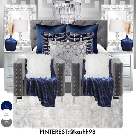 Blue White Grey Room Master Bedrooms, Blue White And Silver Bedroom Ideas, Navy Blue White And Silver Bedroom Decor, Blue Black And White Bedroom Ideas, Navy Blue Glam Bedroom, White Black And Blue Bedroom, Navy Blue And Silver Bedroom Ideas, Black Gray And Blue Bedroom Ideas, Silver And Blue Bedroom Ideas