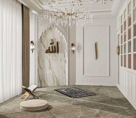 Mosque Room In Home, Islam Room Aesthetic, Bilik Solat Di Rumah, Islam Home Decor, Musolla Room, Pray Room Design, Islamic Interior Design Bedroom, Praying Room Ideas Muslim, Namaz Room Ideas